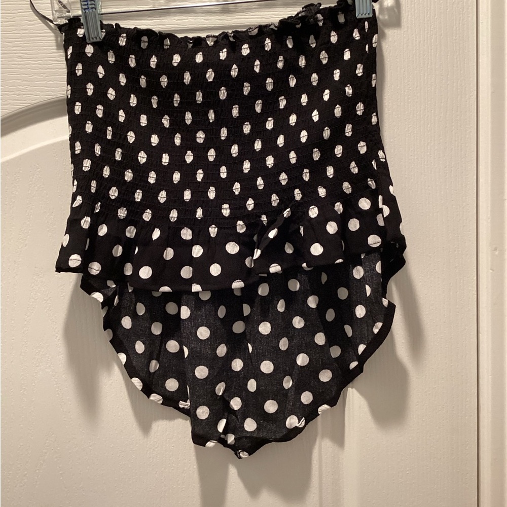 Black and White Polka Dot Smocked Ruffle Strapless Top